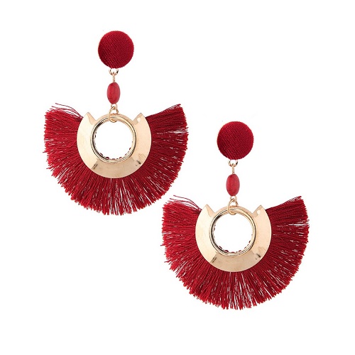 C091126146 Red Spread Tassels Red Button Bead Gold Ring Earstuds